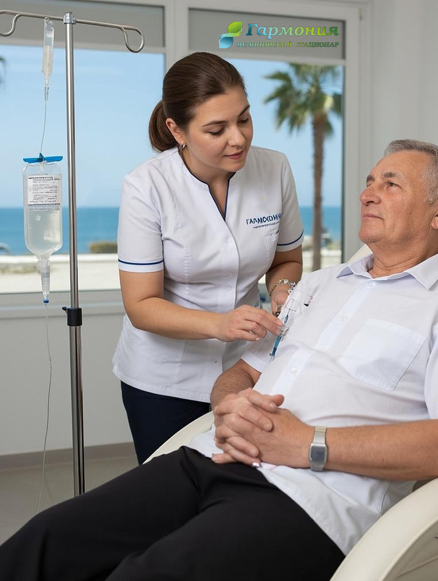 Врач и пациент с капельницей на фоне берега Кокшетау