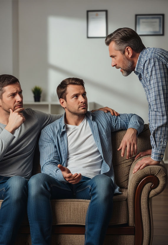 Мужчина прерывает диалог двух других мужчин