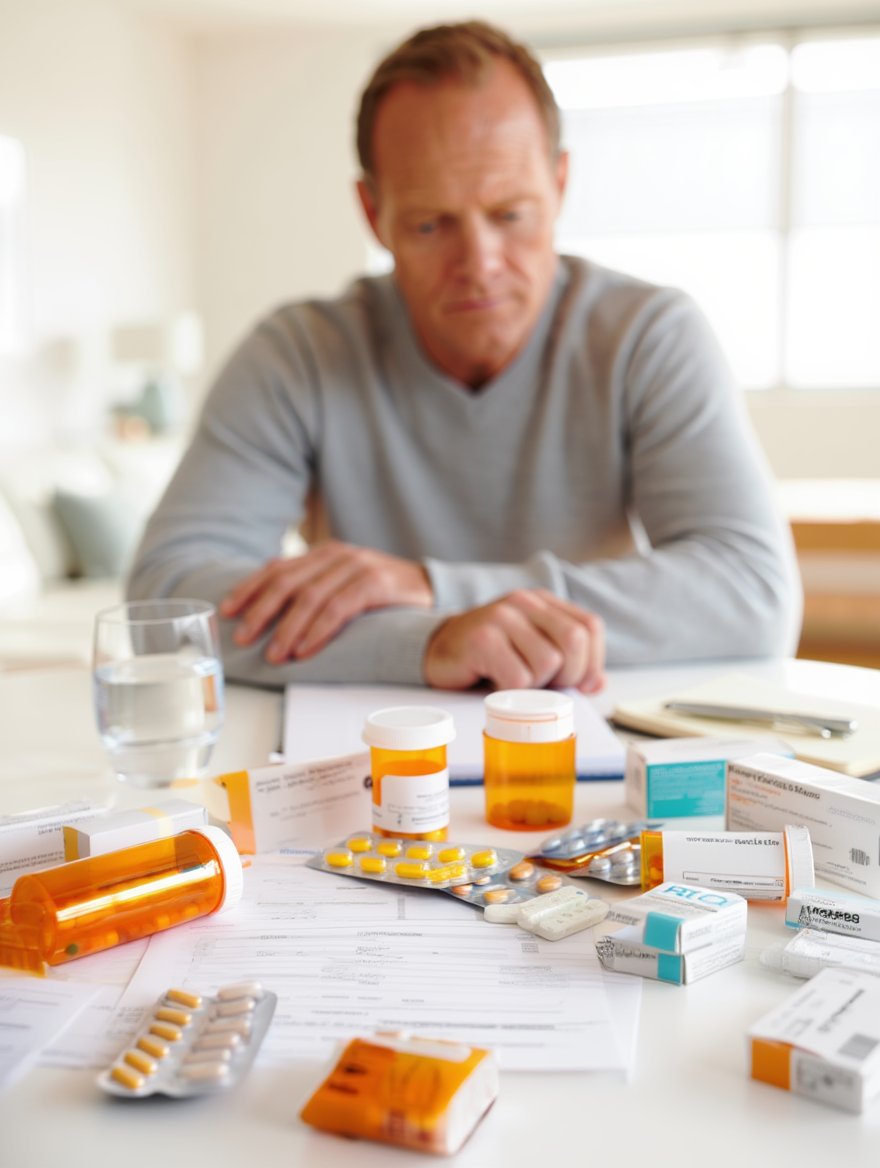 Мужчина за столом с различными препаратами