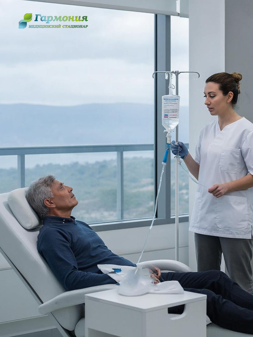 Врач и пациент с капельницей на фоне берега Кокшетау